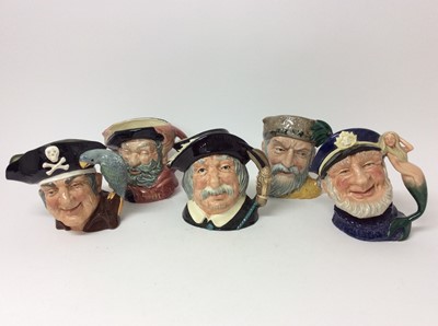 Lot 563 - Five Royal Doulton character jugs - Robinson Crusoe D6532, Falstaff D6287, Long John Silver D6335, Sancho Panca D6456 and Old Salt D6551