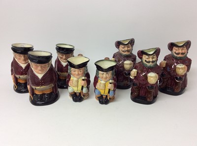 Lot 566 - Eight Royal Doulton character and Toby jugs - Jolly Toby x 2, The Huntsman x 3, Sir John Falstaff x 2 and Falstaff