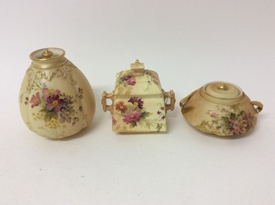 Lot 634 - Three Royal Worcester blush ivory covered pots, each of different form, between 7cm and 13cm height