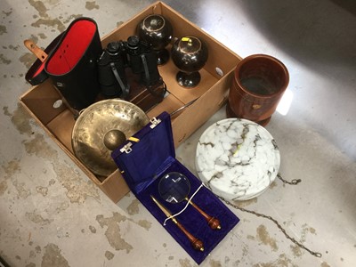 Lot 393 - Pair of Cloissone vases, marbled glass ceiling light and other items (1 box)