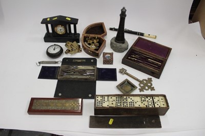 Lot 2034 - Cornish Serpentine model of a lighthouse, brass mounted crib board and sundries