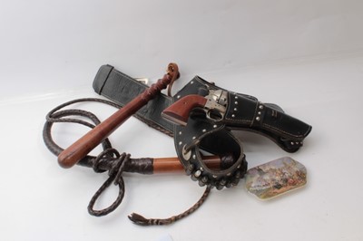 Lot 273 - British Military brass bugle, truncheon, whip, replica revolver and other items (1 box)