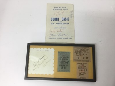 Lot 2073 - Count Basie - framed autograph and ticket stubs together with an autographed programme