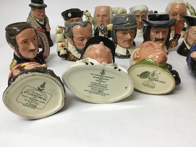 Lot 698 - Group of twenty three Royal Doulton Character jugs comprising- Benjamin Franklin D6695, Oliver Cromwell D6986, Winston Churchill, Christopher Columbus D6911 No. 2554 of 7,500, King Philip II of Spa...