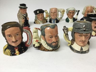 Lot 698 - Group of twenty three Royal Doulton Character jugs comprising- Benjamin Franklin D6695, Oliver Cromwell D6986, Winston Churchill, Christopher Columbus D6911 No. 2554 of 7,500, King Philip II of Spa...