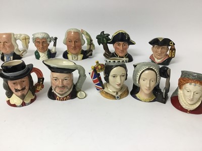 Lot 698 - Group of twenty three Royal Doulton Character jugs comprising- Benjamin Franklin D6695, Oliver Cromwell D6986, Winston Churchill, Christopher Columbus D6911 No. 2554 of 7,500, King Philip II of Spa...