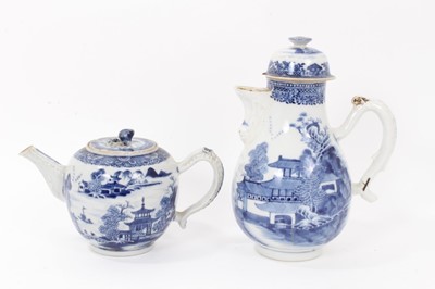 Lot 21 - Similar antique Chinese export blue and white porcelain teapot and coffee pot, painted with landscape scenes, with moulded handles and spouts, 13.5cm and 23.5cm height
