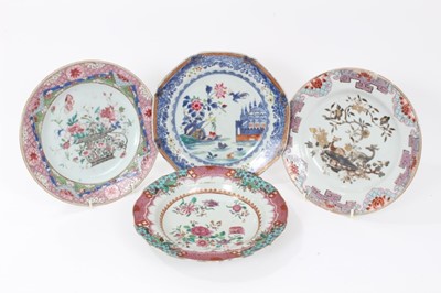 Lot 23 - Four 18th century Chinese famille rose porcelain dishes, including two painted with flowers, another painted en grisaille with two deer, and another with a watery landscape