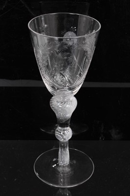 Lot 34 - Jacobite style wine glass, 20th century, engraved with a bust portrait of Bonnie Prince Charlie, within laurel leaves, roses and thistles, above a double knop air twist stem and a conical foot, 18....