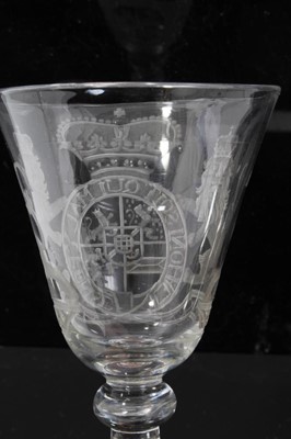 Lot 40 - Georgian 'Newcastle' light baluster armorial wine glass