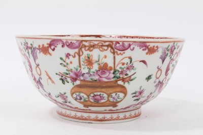 Lot 53 - Antique 18th century Chinese famille rose export porcelain bowl, well decorated with baskets of flowers, floral sprays and foliate patterns, 13.5cm diameter