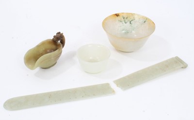 Lot 460 - Collection of antique jade including  carved green jade scoop, two bowls and ruler (4)