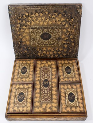 Lot 467 - Late 18th / early 19th century Chinese lacquered games box with fitted interior and counter boxes and dishes