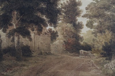 Lot 485 - Joseph Powell (1780-1834) watercolour - cattle in a rural lane beside farm buildings, signed, in glazed frame, 32cm x 44cm