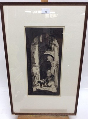 Lot 153 - Sidney Tushingham (1884-1968) signed black and white etching - Continental Street, in glazed frame, 39cm x 19cm