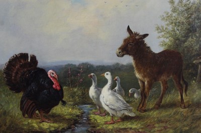 Lot 522 - Attributed to William Weeks (act.1856-1904) oil on canvas - a donkey, geese and turkey in landscape, in gilt frame, 34cm x 49cm  
Provenance: Estate of the Late Jane Sumner
