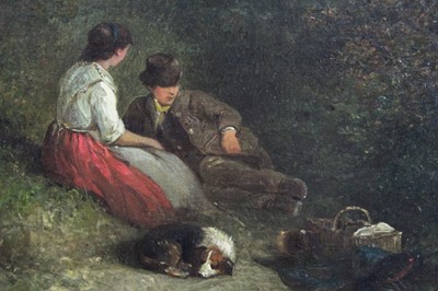 Lot 524 - Edward Robert Smythe (1810-1899) oil on canvas - The Picnic, signed, in gilt frame, 32cm x 47cm 
Provenance: Estate of the Late Jane Sumner