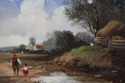 Lot 558 - Norwich School, pair of early 19th century oil on board - figures in rural landscapes, in maple frames, 11cm x 15cm