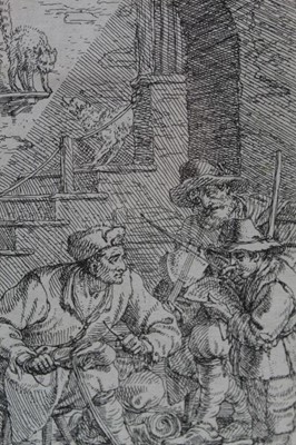 Lot 574 - After Jonas Umbach (1624-1693) black and white etching, street figures, in glazed frame, 15.5cm x 10cm, together with two other 19th century etchings after Rembrandt, a windmill and river landscape...