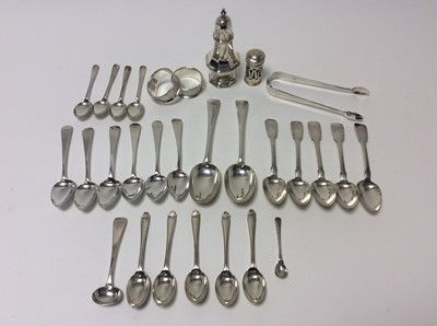 Lot 160 - Set of six George III silver Old English pattern teaspoons (London 1780), together with five Georgian III silver fiddle pattern teaspoons (London 1821), a pair of Georgian silver sugar tongs