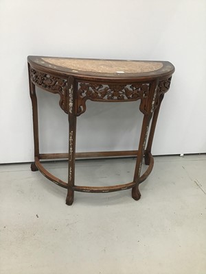 Lot 9 - Chinese carved rosewood Demi-lune hall table with marble inlaid top and mother of pearl inlaid decoration