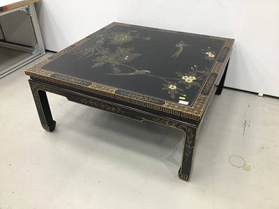 Lot 5 - Chinese black lacquered and chinoiserie decorated coffee table together with a pair of matching lamp tables