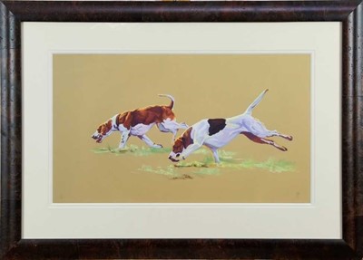 Lot 1000 - Debbie Harris, contemporary, signed limited edition print - Two Hounds, “Bright Young Things”, 129/250, in glazed burr wood frame  
Provenance: Collier Dobson 12th July 2011