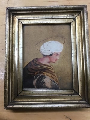 Lot 246 - 19th century watercolour on paper depicting a saint, 12 x 9cm, glazed gilt frame