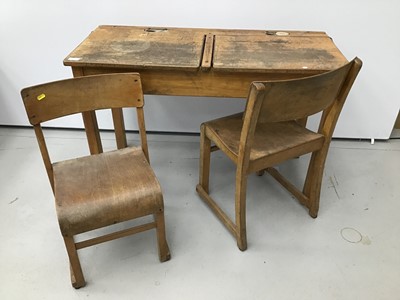 Lot 48 - Antique school desk and pair of child's desk chairs