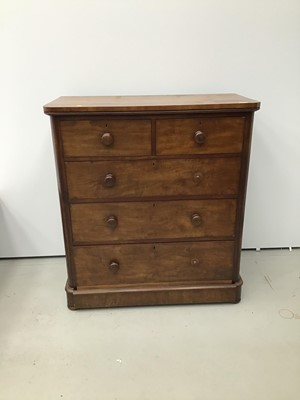 Lot 65 - Victorian mahogany chest of two short and three long graduated drawers with turned bun handles, on bun feet. 107cm wide x  119cm high x 53cm deep