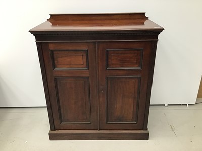 Lot 66 - Good quality Edwardian mahogany cupboard with dentil cornice, shelved interior enclosed by two panelled doors, 92cm wide x 107cm high x 47cm deep.