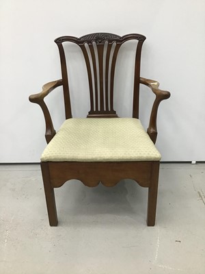 Lot 145 - George III mahogany open elbow chair, with carved top rail and pierced splat shepherds crook arms on deep apron, previously a commode chair