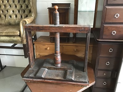 Lot 158 - Antique oak and fruitwood book press with turned wooden thread, approximately 86cm high