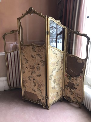 Lot 925 - Late 19th century French rococo five fold giltwood screen with glazed panels and silk embroidered panels below, on scroll feet, maximum height 168cm