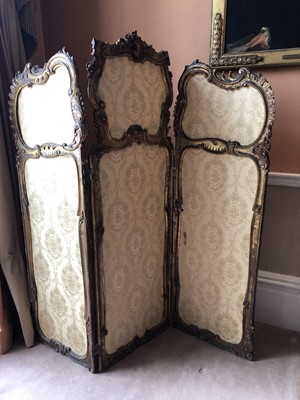 Lot 926 - Late 19th century French rococo three fold giltwood and gesso screen with silk panels, maximum height 156cm