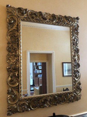 Lot 918 - Large good 19th century Florentine carved giltwood and gesso wall mirror with foliate scroll and shell borders, 158cm x 134cm