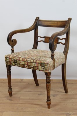 Lot 944 - George III mahogany framed open elbow chair with reeded top rail, scroll arms, upholstered seat and ring turned legs