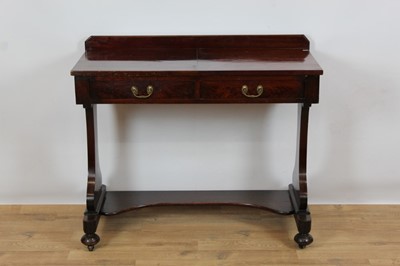 Lot 929 - Victorian and later mahogany hall table with ledge back above two drawers, shaped end standards, on bun feet, 103cm wide x 49cm deep x 87cm high