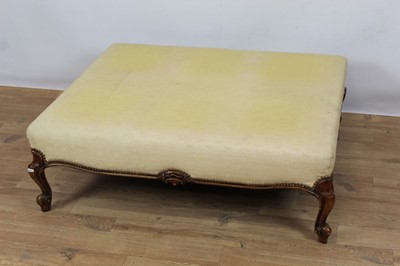 Lot 923 - Large mid Victorian simulated rosewood beech framed rectangular stool with upholstered top, on carved cabriole scroll legs, 92cm wide x 108cm long x 35cm high