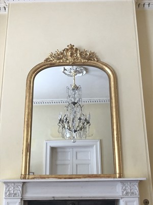 Lot 917 - 19th century giltwood and gesso overmantel mirror with domed top and foliate scroll cresting and beaded border, 168cm high x 117cm wide