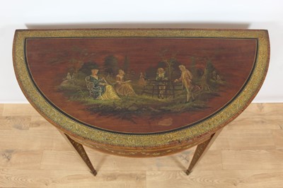 Lot 931 - 18th century painted satinwood demi-lune card table with fold-over top decorated with romantic scene (possibly later decoration), floral swags, on square taper legs and spade feet, 92cm wide x 45cm...