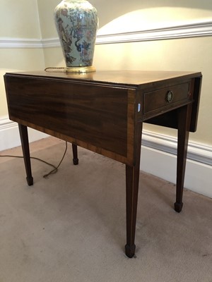 Lot 933 - 19th century mahogany Pembroke table with inlaid crossbanded top, single end drawer, on square taper legs and spade feet, 91cm wide x 83cm opened x 70cm high
