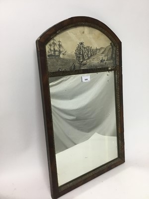 Lot 948 - 18th century mahogany framed wall mirror, the arched top enclosing a monochrome watercolour depicting a ship firing a salute off the coast, 63cm high x 38.5cm wide
