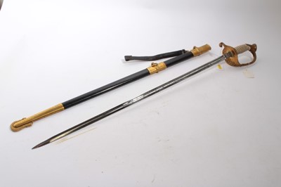 Lot 919 - American US 1852 pattern Navy officers' dress sword with wire bound shagreen grip, etched steel blade by Wolf Brown, Germany, in leather scabbard with gilt mounts