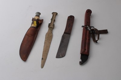 Lot 942 - British Hunting knife with horn grip and steel blade by W.H. Fagan & Son, in leather sheath, together with a British military issue cooks knife dated 1965, a bayonet and replica antique dagger (4)