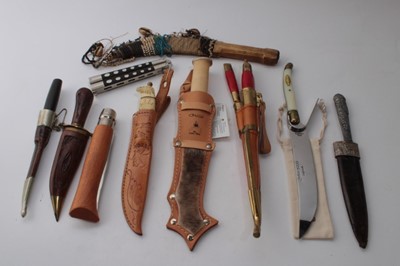Lot 943 - Norwegian hunting knife in leather sheath together with a Finish hunting knife and other knives (qty)