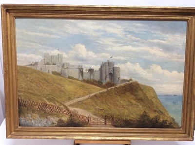 Lot 628 - 19th century, English School, oil on canvas - a coastal castle, in gilt frame, 60cm x 90cm, framed size 73cm x 104cm