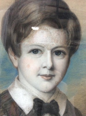 Lot 629 - Victorian English School pastel and charcoal - portrait of a young boy in black coat and bow tie, in rosewood frame, 57cm x 44cm, framed size 65cm x 53cm
