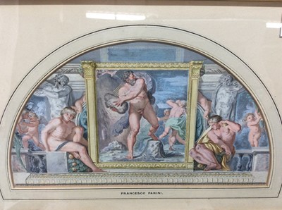 Lot 630 - Francesco Panini, trio of antique hand-coloured and gilded engravings - Classical Friezes, in decorative mounts and gilt and oak frames, 14.5cm x 26cm and 7.5cm x 17.5cm