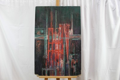 Lot 1086 - Joyce Pallot oil on board, Steel works by night